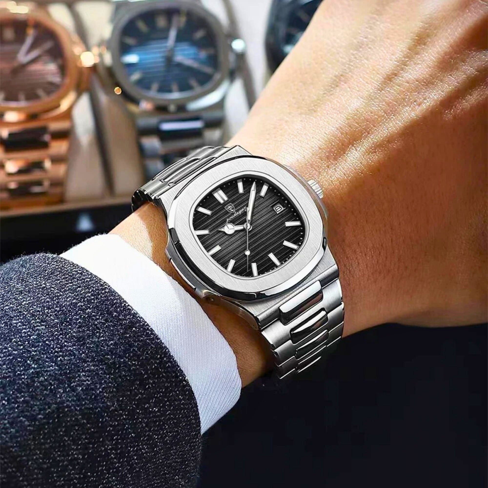 Poedagar Herrenuhr Edelstahl Quarz, Wasserdicht, Datum, kratzfestes Saphirglas, Luxus-Design