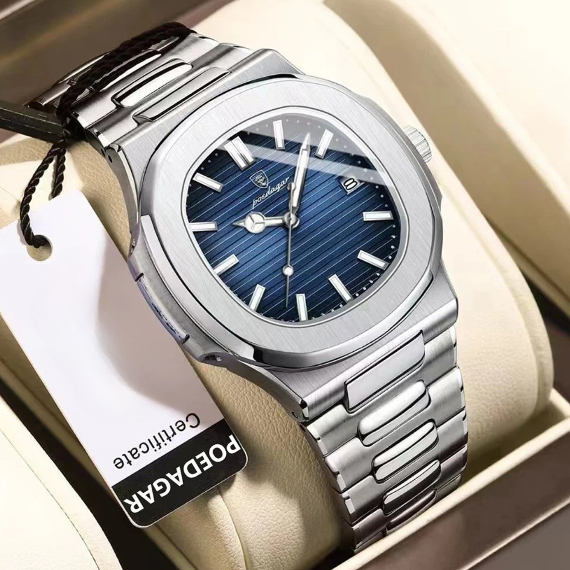 Poedagar Herrenuhr Edelstahl Quarz, Wasserdicht, Datum, kratzfestes Saphirglas, Luxus-Design